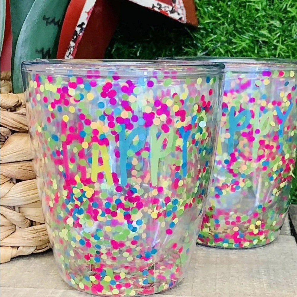 Happy Everything Multicolored Confetti wine tumbler.